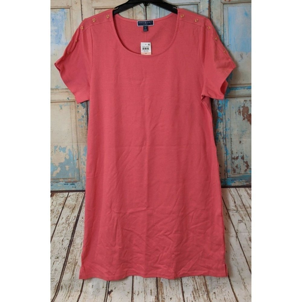 Karen Scott Sport Plus Size 2X Peony Coral Split Hem Casual Dress Stretch